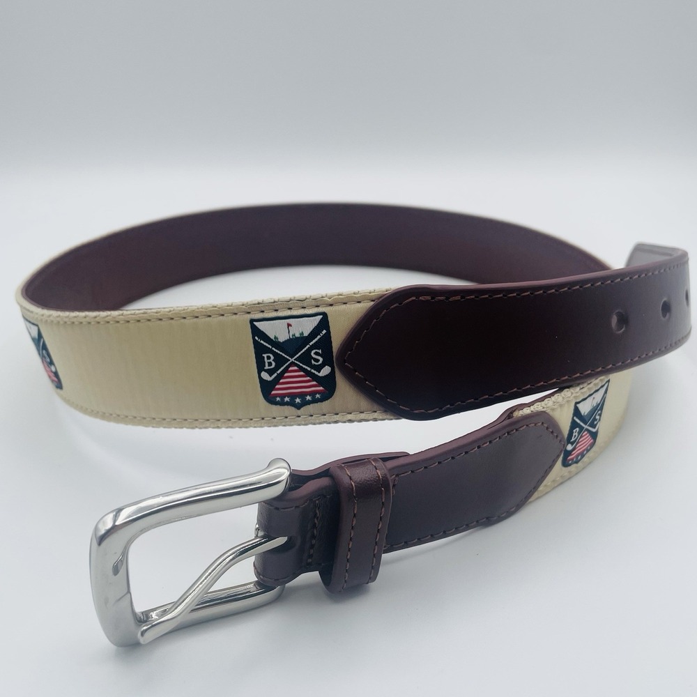 NWOT Boston Scott Belt Tan Burgundy Golf Crest Canvas Leather Mens 28-31" Preppy